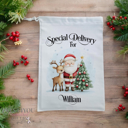 Personalised Christmas Eve Gift Bag - Special Delivery for Name Drawstring Bag with Santa Reindeer Design